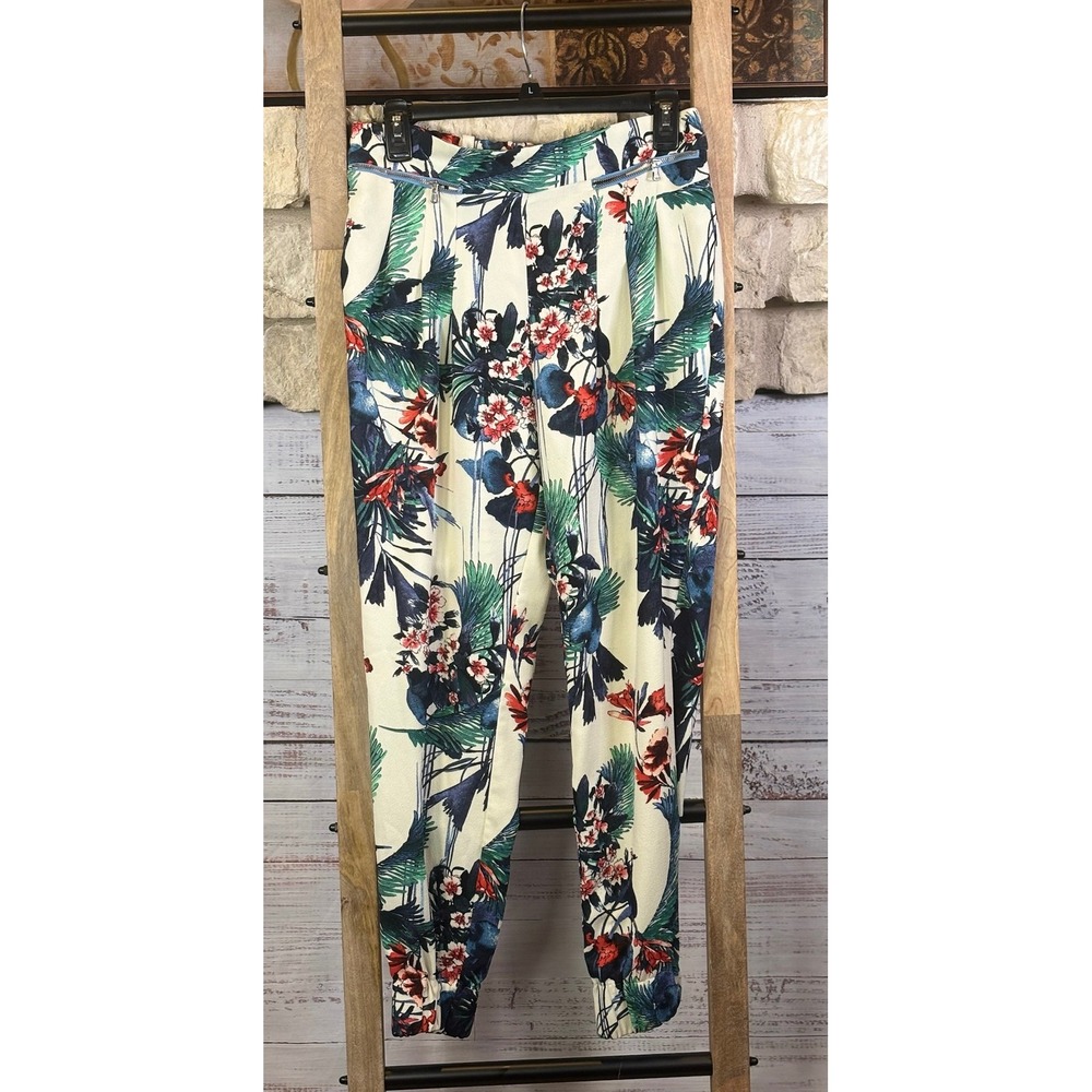 Zara Trafaluc Floral Print Jogger Pants Crepe High Rise Ivory Multi Size M